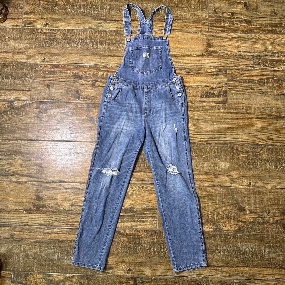 WallFlower Blue Distressed Denim Overalls Women's Medium Dungarees
